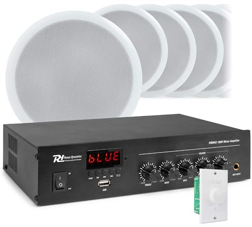 Sistema de Sonido 100V con 10 Altavoces de Techo - Bluetooth, Radio FM y MP3, Control de Volumen por Zonas, Instalación Fácil, Expansible, Sonido