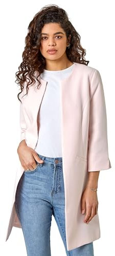 Roman Textured Longline Jacket for Women UK Ladies Reefer Coat Lined Tailored Lightweight Long Autumn Winter Smart Casual Office Work Business Evening Going Out - Pink - Size 16