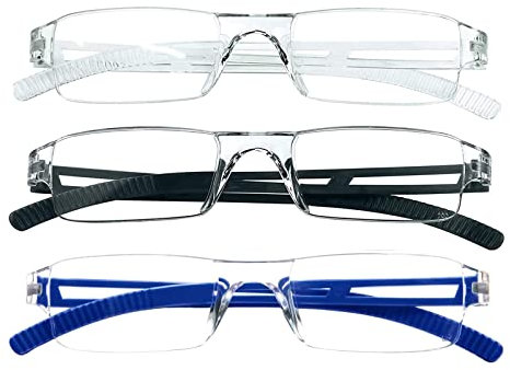 KoKoBin 3 Pack Blue Light Blocking Lightweight Reading Glasses for Mens Womens Rimless Rectangle Readers (Black+Blue+Clear, 1.50)