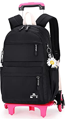 Tanou Trolley Rucksack mit 6 Rollen, 16 Zoll Leichte Schulranzen mit Rollen für Mädchen in der Grundschule, Abnehmbare Schulrucksack Trolley für Schule Reisen, 8-14 Jahren, Schwarz