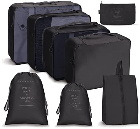 OSDUE Koffer Organizer Set 8-teilig, Packing Cubes, wasserdichte Reise Kleidertaschen, Packtaschen für Koffer, Verpackungswürfel mit Schuhbeutel, USB Kabel Tasche (Schwarz)