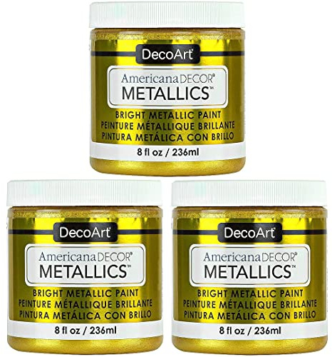 DecoArt Americana Metallics - Pintura acrílica metálica de oro de 24 quilates, paquete de 3 unidades de 8 onzas, pintura acrílica metálica de oro de 24 quilates, pintura multisuperficie a base de agua