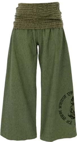 GURU SHOP Weite Marlenehose, Buddha Wellnesshose, Yogahose, Boho Hose mit Breitem Bund - Olive, Damen, Baumwolle, Size:XL