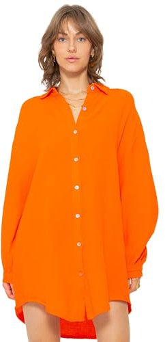 SASSYCLASSY Oversize Musselin Bluse Damen Langarm - Oversized Freizeit Look - Hemdbluse lang aus Baumwolle mit V Ausschnitt - Long-Bluse One Size (Gr. 36-48) Orange