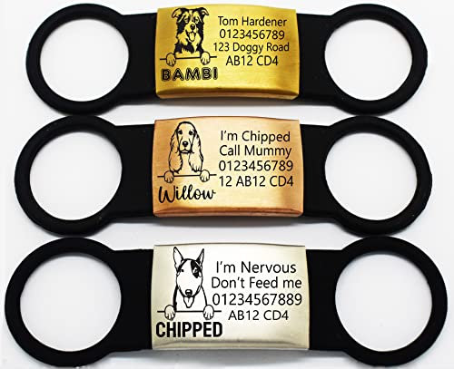 Slide ON Collar Steel with Elastic Silicone Band Dog Breed Engraving Rectangle ID Name Band DISC Personalised PET Dog CAT TAG-Laser Engraving (Silver)
