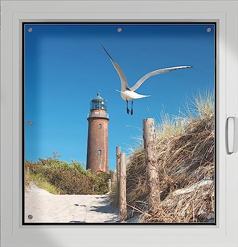 Wallario Lichtschutzbild, Dekorativer Sichtschutz Sonnenschutz 96 x 100 cm mit Motiv: Möwe am Strand mit Leuchtturm - Verdunklungsrollo ohne Bohren