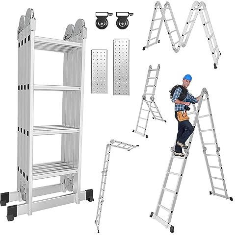 Joparri 4x4 Stufen Mehrzweckleiter, 4.7M Multifunktionsleiter Aluminium mit 2 Gerüstplatten und 2 Räder, Haushaltsleiter Klappleiter Arbeitsleiter 16 Stufen, Maximale Belastung 150kg