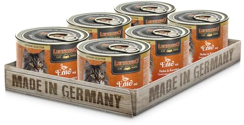 LEONARDO Katzen Nassfutter Superior Selection, Ente mit Huhn & Karotten, 6x200g Dose, für ausgewachsene Katzen, getreidefrei, ohne Zucker, Made in Germany