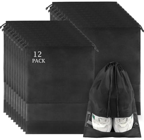 12 Pack Large Shoe Bags for Packing with Clear Window, Dustproof Drawstring Travel Shoe Storage Bags for Men & Women, Black