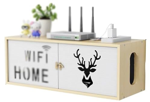 Router Schrank - Router Aufbewahrungsbox ,Router Regal, WiFi Router Storage Box, Router Box Wandhalterung, WLAN Box,Set-Top-Box Regal,Kabel Management Box(Size:49.3 * 19.5 * 18cm,Color:Weiß Ahornholz)