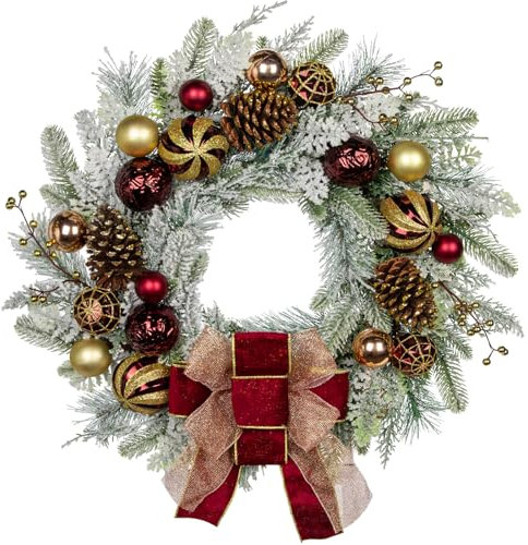 Weihnachtskranz Türkranz für Weihnachten - Rot-Weißer Adventskranz mit Weihnachtskugeln, Beeren, Tannenzapfen und Schleife, Dekokranz Weihnachtsdeko Tischkranz, Ø 60CM