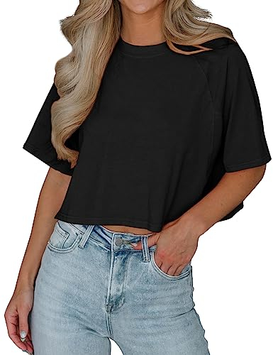 Imily Bela T-Shirt Damen Sommer Kurzarm Basic Crop Tops Casual Oversize Sport Oberteile(Schwarz,M)