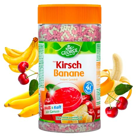 KING GEORGE - Kirsch Banane 12 x 400g - Instant Eistee Mixgetränk mit Vitamin C - Sommerlicher Genuss - Vorteilspackung - Getränkpulver, Erfrischungsgetränk für Familie, Schichtdienstmitarbeiter