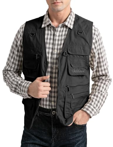Vanchenl Herren Utility Weste Safari Reise Cargo Outdoor Arbeit Leichtes Foto Schießen Weste mit Taschen Schwarz L