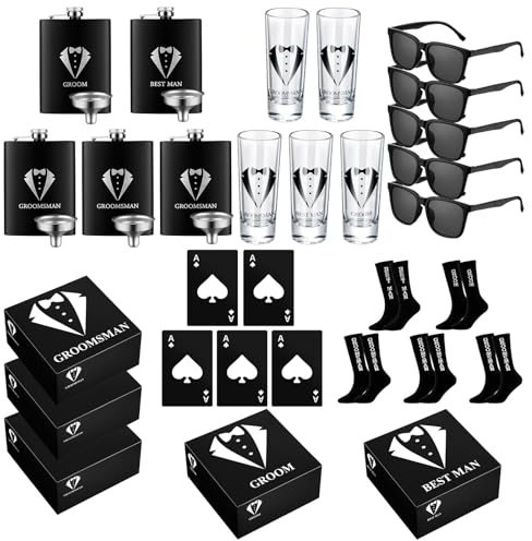 Leumoi 30 Pcs Groomsmen Gift Set: Stainless Steel Flask, Shot Glasses, Beer Bottle Opener, Sunglasses, Socks - Groomsmen Proposal Gift for Wedding Party