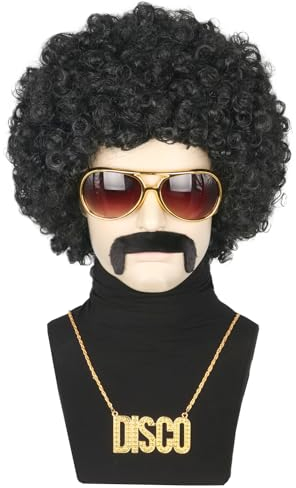 Topcosplay 4er Set Afro Perücke Herren mit Sonnenbrille Schnurrbart Halskette 70 80er Jahre Perücke Vokuhila Disco Perücke Hippie Perücke Halloween Karneval Kostüm (Schwarz)