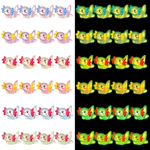 Telooco 24 Stück Mini Axolotl Harz Figuren - Bunte Kleine Tiere Miniatur Ornamente für Gartendekoration, Puppenhaus, Aquarium Landschaft DIY (Leuchted)