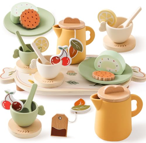 OESSUF Set da tè in legno per bambini in silicone per ragazze e ragazzi, 14 pezzi Accessori da cucina per bambini Lavastoviglie Gioco di finzione Set da tè per bambini, regalo di Natale e compleanno