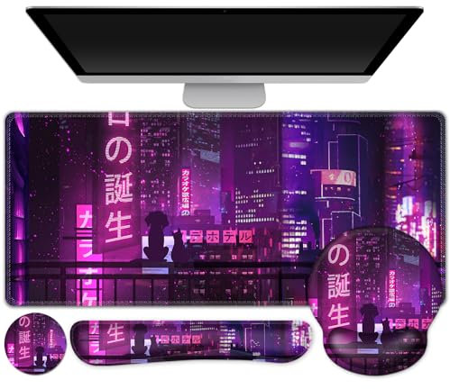 Gaming Mouse Pad, Large Desk Mat, Cute Desk Pad, 4in1 XXL Mousepad + Keyboard Wrist Rest+Mouse Wrist Rest+Coaster Set with Ergonomic Desk Pad for Home Office Table Computer, Purple Anime Neon
