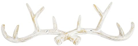 Sungmor Vintage Cast Iron Antlers Wall Hooks, Antique White Decorative Coat Hanger Deer Head Key Holder, Rustic Metal Wall Mounted Storage Hooks for Coats, Jackets, Purses and More