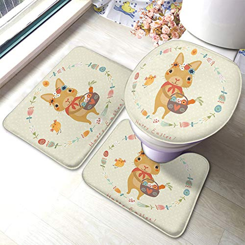 Set 3 Teilig Badvorleger Niedlichen Kaninchen Blume Blatt Mädchen Blumenkorb Kranz Frohe Ostern Teppiche Und Toilettendeckel Langlebige Weiche U-Förmigen Contour Matte, Für Badewanne, Spa