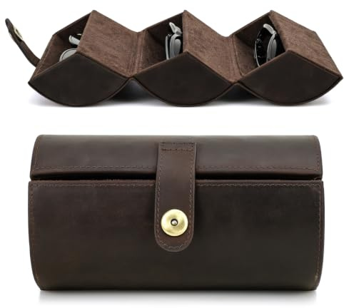 Handmade Top Grain Leather Sunglasses Storage Box, Genuine Leather Foldable Eyeglasses Organizer with 3 Slots for Travel