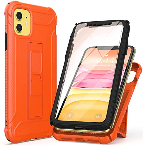 ORETECH for iPhone 11 Case, and [2 Pack Tempered Glass Screen Protector] [Built-in Kickstand] Military Grade Drop Tested Shockproof Case Full Body Protective Silicone TPU Bumper Cover - Deep Orange