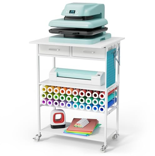 Homsorout Movable Heat Press Table - Heat Transfer Machine Stand Compatible for Cricut, Vinyl Roll Holder, Rolling Metal Wood Sublimation Printer Organizer for T Shirt Maker Craft, 23.6''×19.6''