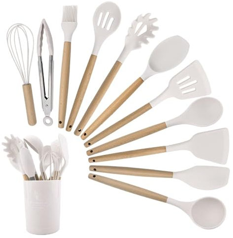 Strehknewen Lot de 12 Ustensiles de cuisine en silicone, résistants à la chaleur, antiadhésifs, passent au lave-vaisselle, ergonomiques, adaptés à un usage alimentaire, avec seau de stockage