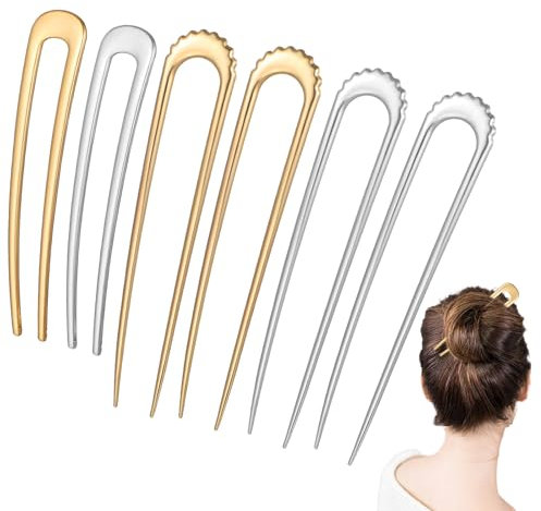 AOZUO 6 piezas de horquillas en forma de U, horquilla francesa para mujeres y niñas, 2 estilos de horquilla de metal francesa, horquillas vintage de 2 puntas para moño de pelo para damas