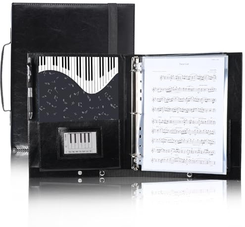Choral Sheet Music Folder Organizer: 3 Ring Piano Music Binder with Plastic Sleeves - PU Leather Choir Folders with Hand Strap Elastic Band Fits Letter Size 8.5 x 11 inch, Black