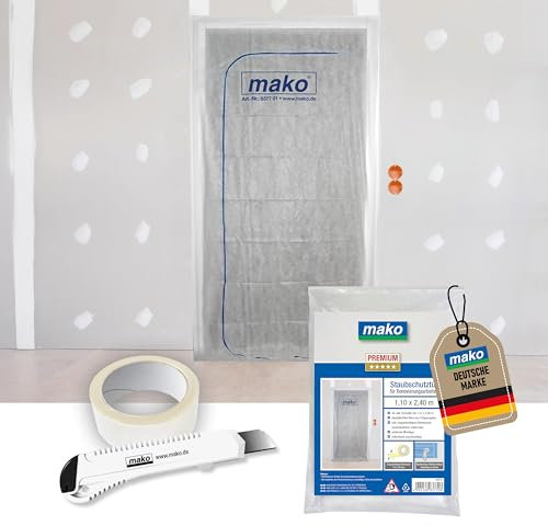 mako Vlies-Staubschutztüre Profi-Qualität 1,10 m x 2,40 m – inkl. 7 m Klebeband (beidseitig) & Cuttermesser – Staubdichtes Polypropylen-Vlies mit Reißverschluss, einfache Montage und zuschneidbar