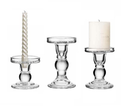Kerzenhalter Glas 3er Set – Stabkerzen & Stumpenkerzen kompatibel, Kerzenständer für Esstisch, Wohnzimmer & Hochzeit, Hochtransparenter Glas-Kerzenständer