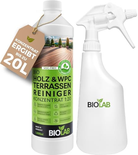 BIOLAB Holz & WPC Terrassen Reiniger Konzentrat 1:20 (1 Liter plus Sprühflasche) Terrassenreiniger, Holzreiniger, WPC-Reinigungsmittel für den Boden der Terrasse oder Balkon