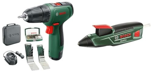 Bosch Akkuschrauber EasyDrill 1200 (12V 2.0 Ah Akku, Bohr- und Schraubendreher-Sets) - Amazon Edition + Heißklebepistole GluePen (Micro USB Ladgerät, 4x Kleber, 3,6 Volt)