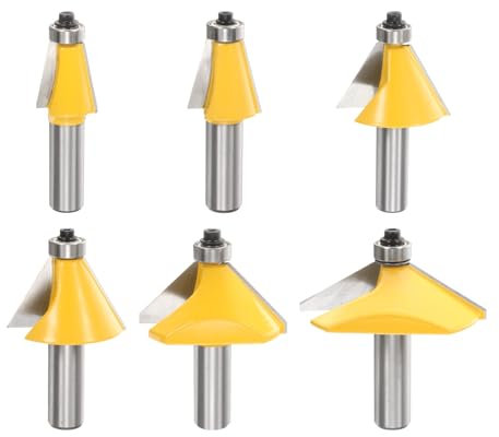 sourcing map 6pcs Chamfer Router Bit Set 1/2 Shank 11.25, 15, 22.5, 30, 45, 60 Degree Cutting Angle Carbide Wood Router Bits for Woodworking, Yellow
