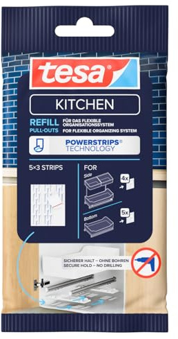 tesa Pull Out Powerstrips Nachfüllpack für selbstklebende Schubladenschienen - für die Wiederverwendung der ausziehbaren Küchen-Schublade - geeignet für den Boden- und Seitenauszug - 15 Powerstrips