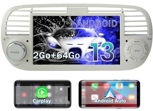 Hexinex Autoradio Android 13 Compatible avec Fiat 500(2007-2015) [2Go+64Go] 7 Pouces avec Carplay Android Auto GPS WiFi DSP FM Commande au Volant/Bluetooth/Aide au Stationnement