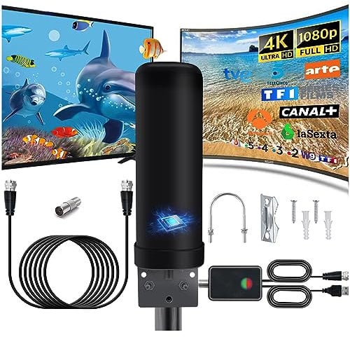Antena de TV Exterior Interior, IP66 Antena HDTV de Recepción de Señal en 360 Grados con Cable Coaxial 13m, Amplificador de Señal y Protegido contra Rayos para FM, VHF, UHF HD 1080P 4K VHF DVB-T DTMB