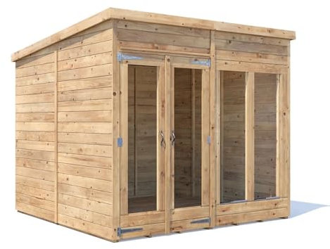 Dunster House Summerhouse 2.4m x 2.4m Pent Roof, Fully Pressure Treated Timber, 15mm Tongue and Groove, walls Roof and Floor, 4mm Toughened Glass, Superfelt and Fixings Included
