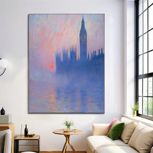 Quadri Su Tela Grandi Edifici Della Città Nebbiosa Immagine di Arte Della Parete Dipinto Ad Olio Del Parlamento Di Londra Poster e stampe Viola per soggiorno Decorazioni per ufficio Senza cornice