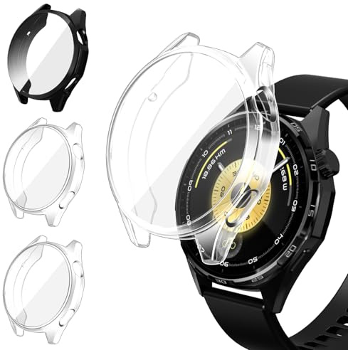 ivoler 3 Stücke Hülle mit Schutzfolie für Huawei Watch GT 7/6 46mm, Vollständige Abdeckung Stoßfest Kratzfest Schutzhülle Ultradünne Weiche TPU Displayschutz Case, 2 Klar + 1 Schwarz