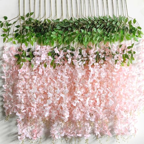 6pcs Artificial Wisteria Flowers 43 inch/Piece Purple Dense Artificial Fake Wisteria Vine Ratta Hanging Garland Silk Flowers String Home Party Wedding Decor (Pink)
