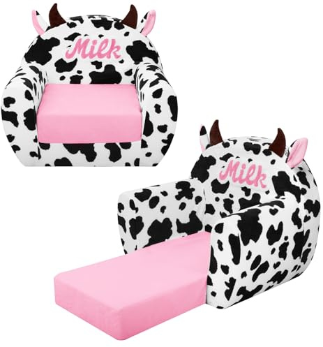 Kids Sofa Bed Cow 2-in-1 Foldable Toddler Couch for Girls Boys Black White