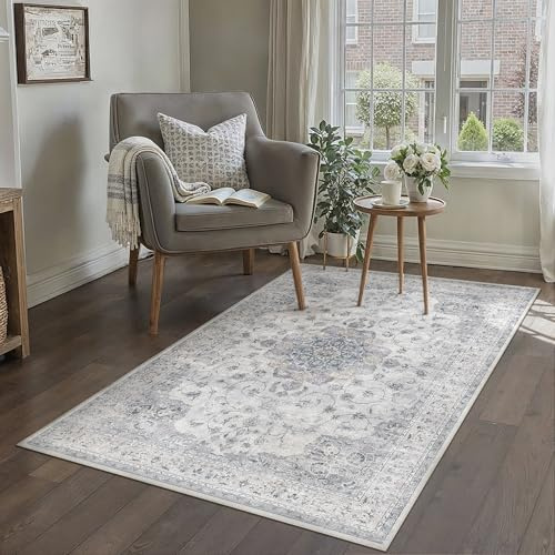 PureCozy Vintage Waschbarer Blau Teppich Wohnzimmer 80x150cm kurzflor rutschfest Weich Böhmischen Retro Teppiche für Schlafzimmer Esszimmer Küchen Bedroom Living Room Kinderzimmer