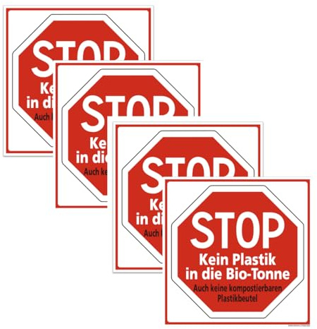 Signalétique.biz France - Set mit 4 -Warnschild „Kein Plastik in die Bio-Tonne“ – STOP-Piktogramm – Selbstklebend – Größen: 250x250 mm