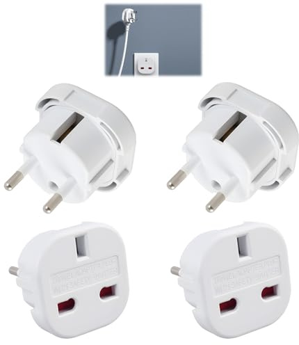 4 Stück Adapter UK auf DE, Reiseadapter Typ G auf EU Stecker, England Deutschland Steckdosenadapter für UK Stecker auf EU Typ E/F, kompakter Travel Adapter für Reisen