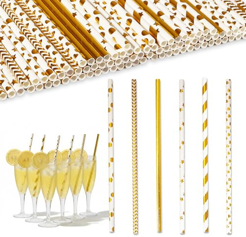 Geukmun 100 Pack Paper Straws Disposable, White and Gold Drinking Straws, Multi-Pattern Biodegradable Party Straw for Cocktail, Milkshake, Birthday, Wedding, Family Gathering