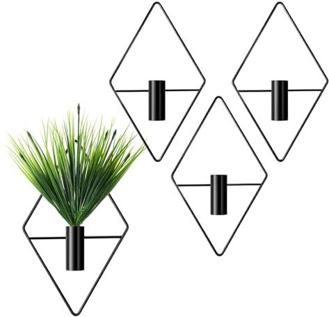 CZMTBO 4 Pack Wall Planter Vase, Iron Wall Decor Black Plants Storage Display Holder for Living Room Garden Office Bathroom Bedroom Diamond Shaped
