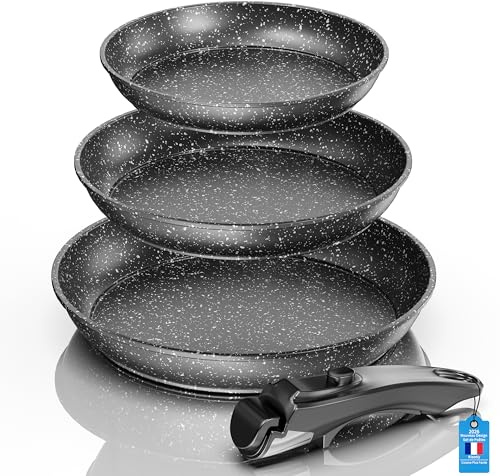 Kiseely Lot de 3 poêles inox, Manche Amovible, Poignée Restant Froide, Revêtement antiadhésif, Compatible Induction & Four, Lave Vaisselle (QW2)